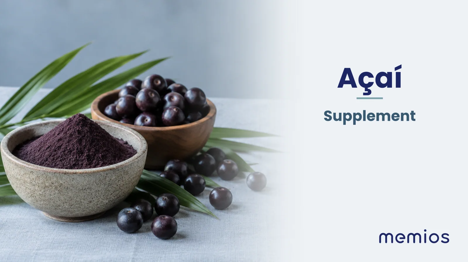 Photograph for Açaí: its natural source and a bowl of powder or capsules on pale linen.