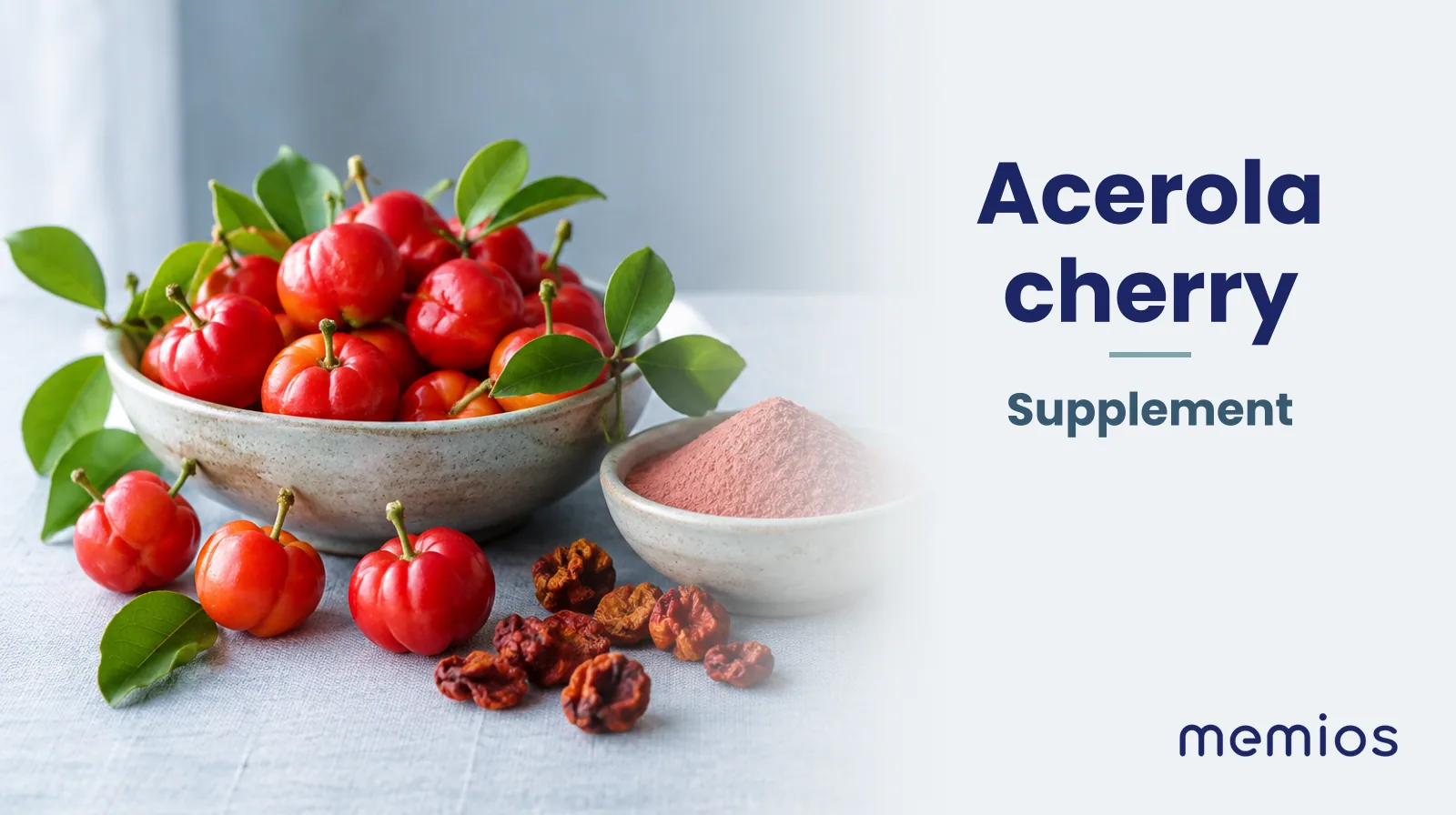 Photograph for Acerola cherry: its natural source and a bowl of powder or capsules on pale linen.