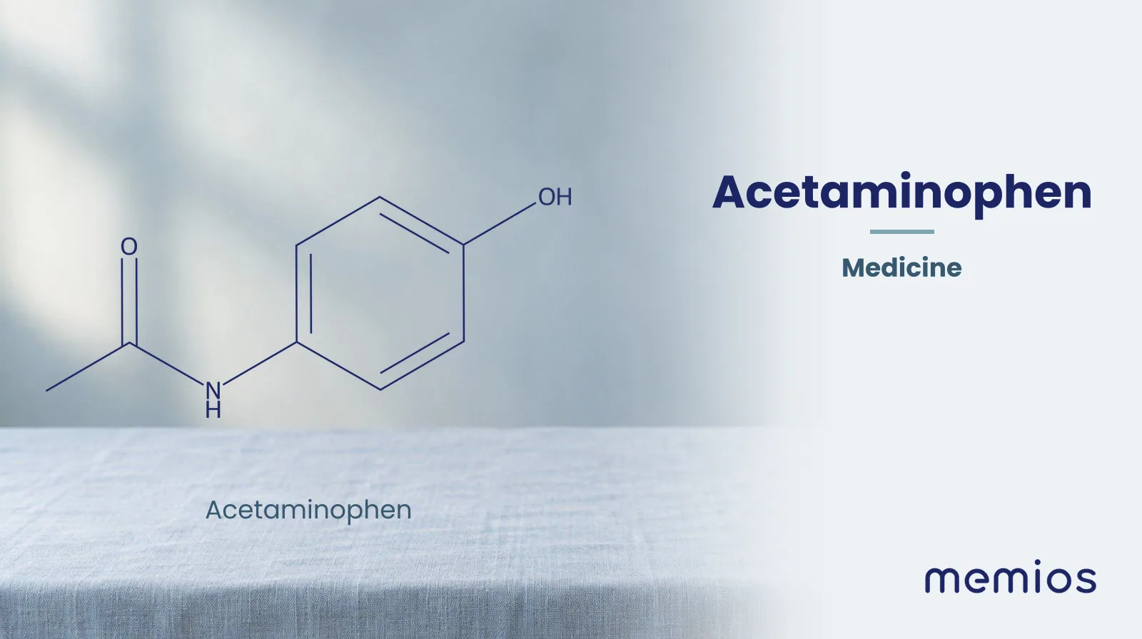 Chemical structure of Acetaminophen, drawn in navy on pale linen.