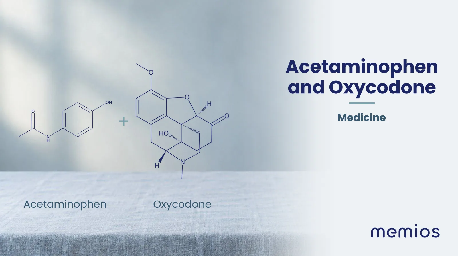 Chemical structure of Acetaminophen and Oxycodone, drawn in navy on pale linen.