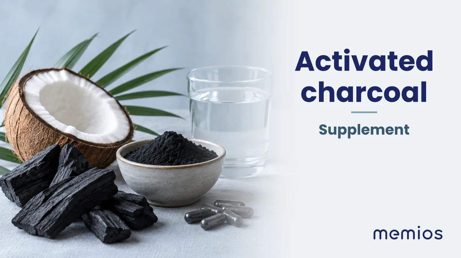 Photograph for Activated charcoal: its natural source and a bowl of powder or capsules on pale linen.