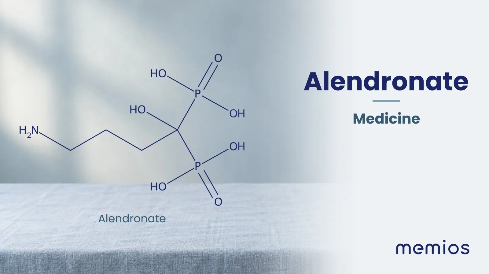 Chemical structure of Alendronate, drawn in navy on pale linen.