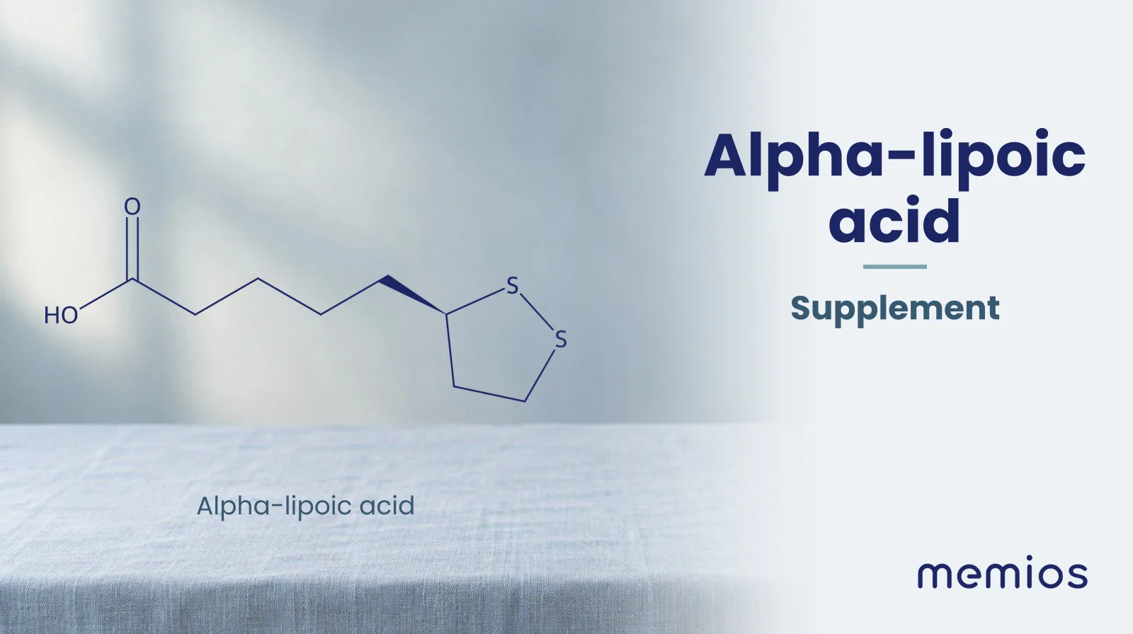 Chemical structure of Alpha-lipoic acid, drawn in navy on pale linen.