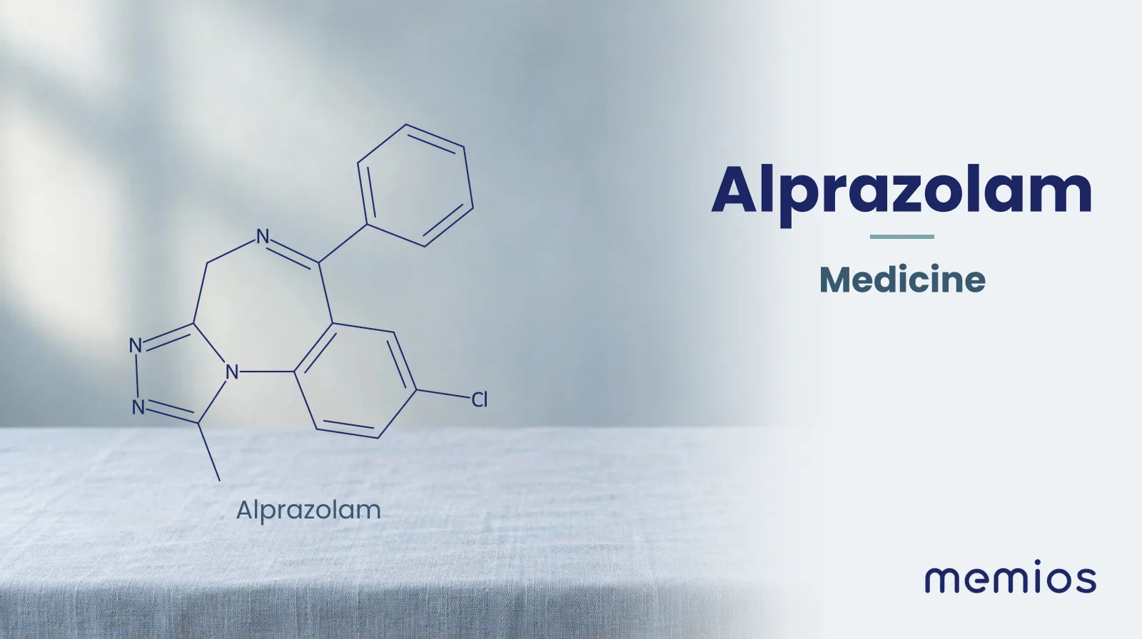 Chemical structure of Alprazolam, drawn in navy on pale linen.