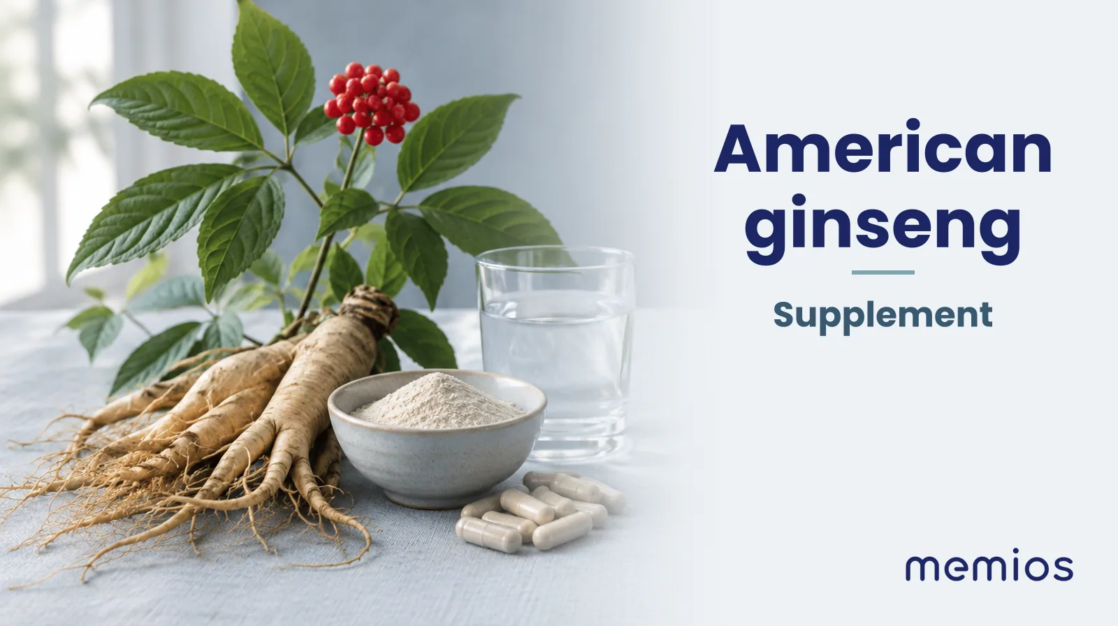 Photograph for American ginseng: its natural source and a bowl of powder or capsules on pale linen.