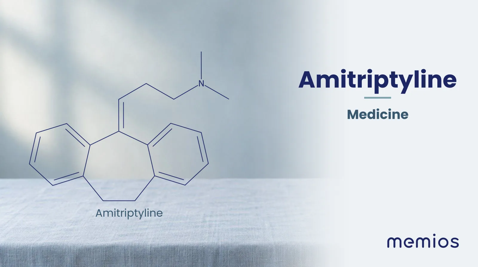 Chemical structure of Amitriptyline, drawn in navy on pale linen.