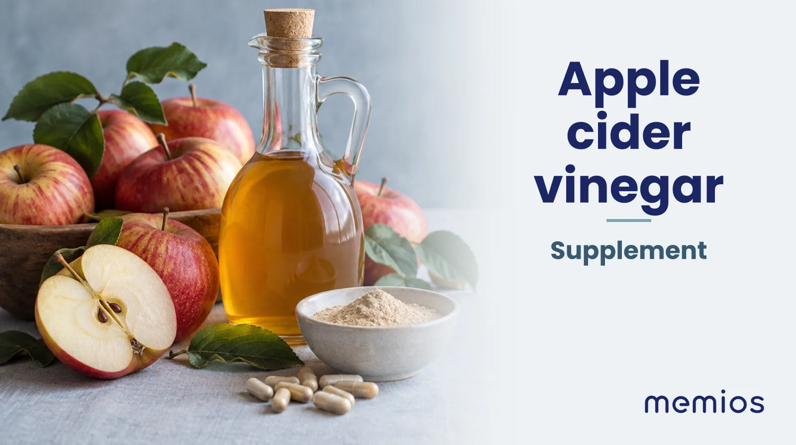 Photograph for Apple cider vinegar: its natural source and a bowl of powder or capsules on pale linen.