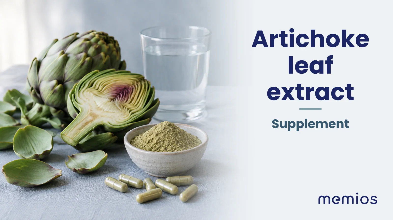 Photograph for Artichoke leaf extract: its natural source and a bowl of powder or capsules on pale linen.