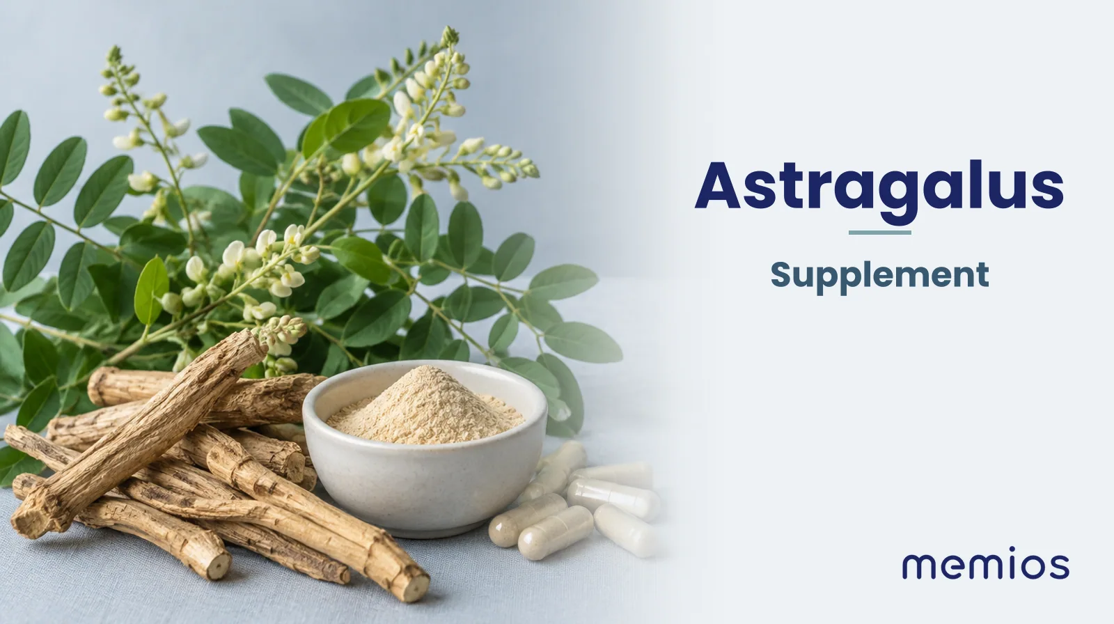 Photograph for Astragalus: its natural source and a bowl of powder or capsules on pale linen.