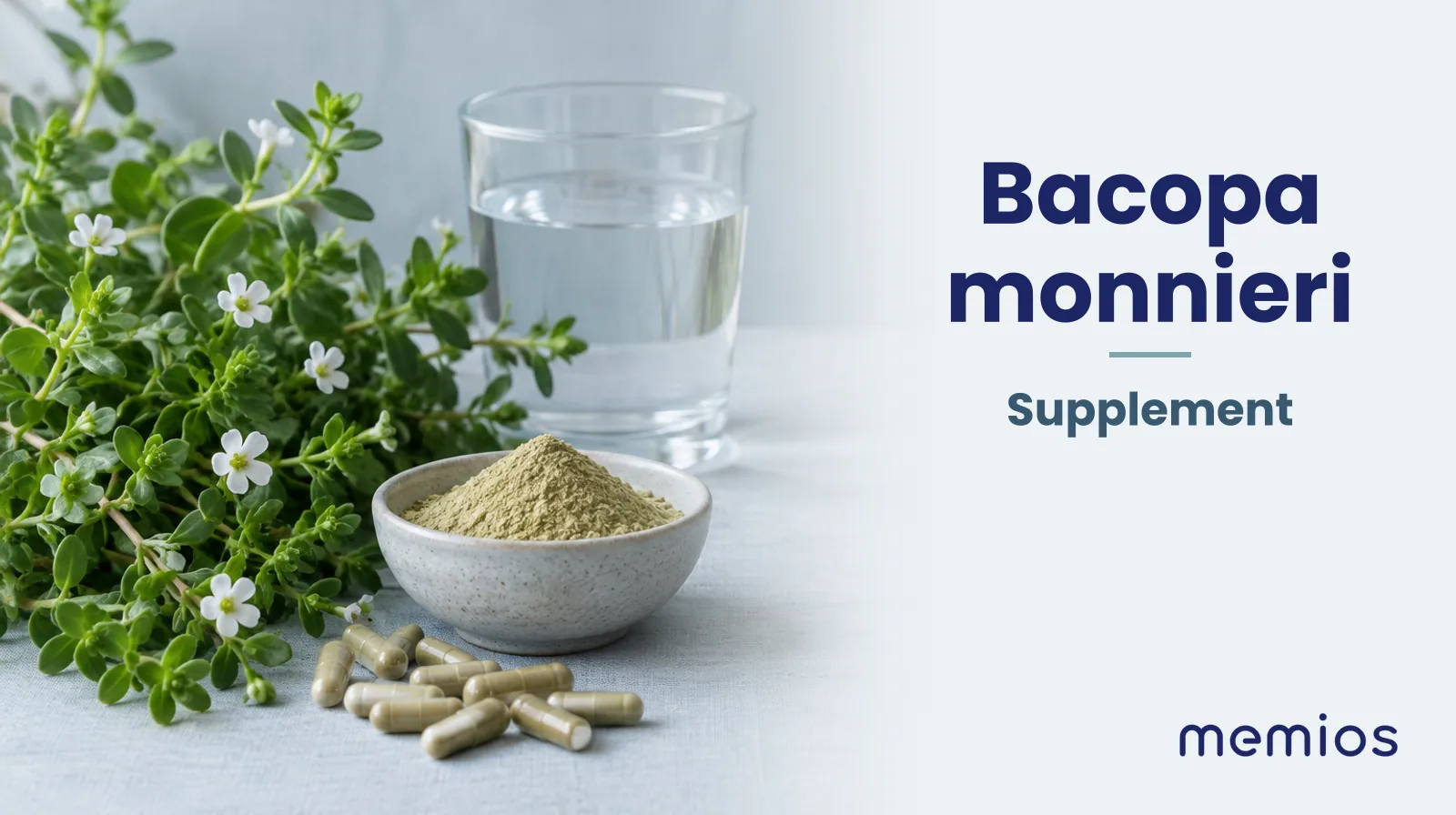 Photograph for Bacopa monnieri: its natural source and a bowl of powder or capsules on pale linen.