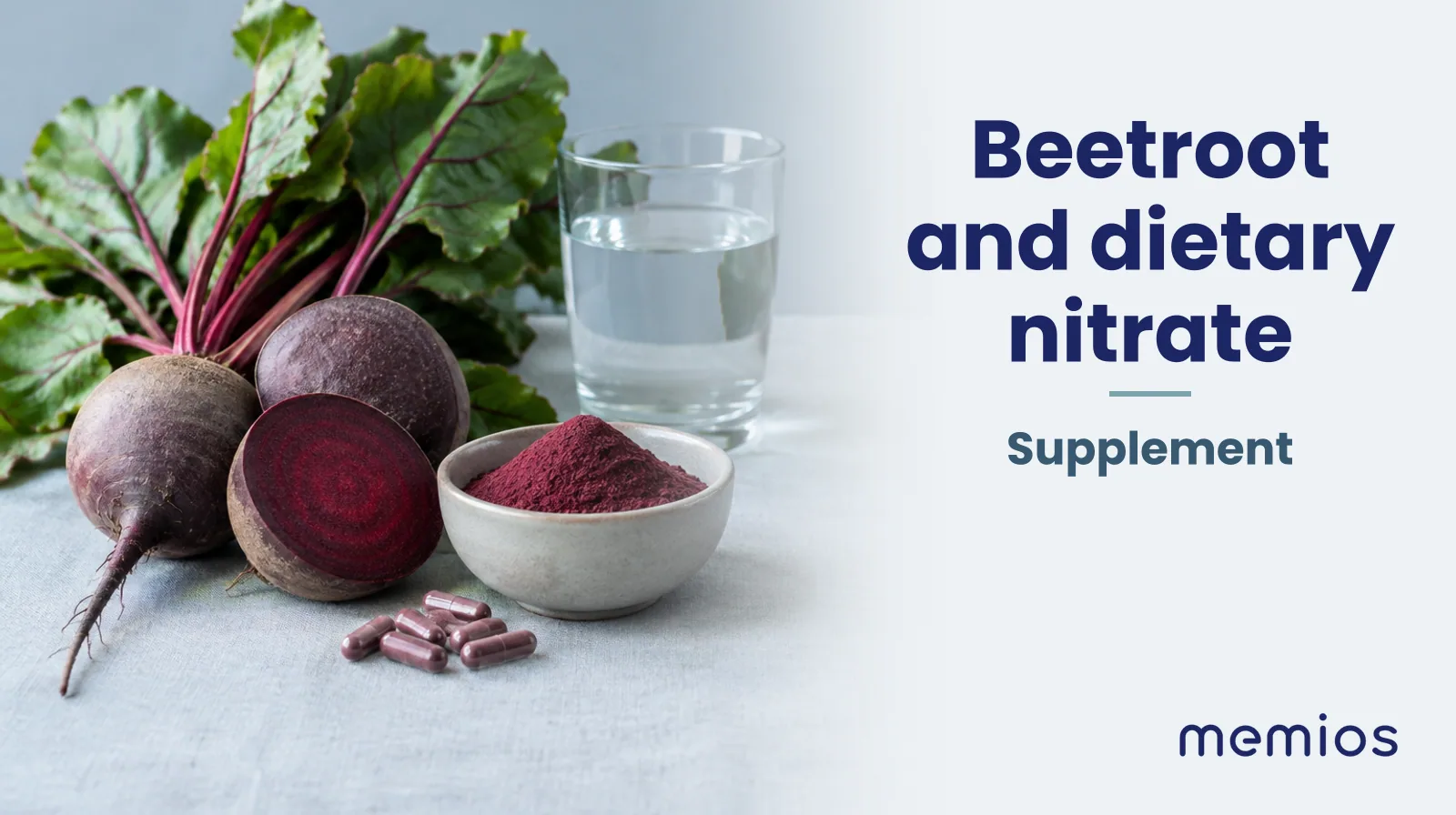 Photograph for Beetroot and dietary nitrate: its natural source and a bowl of powder or capsules on pale linen.