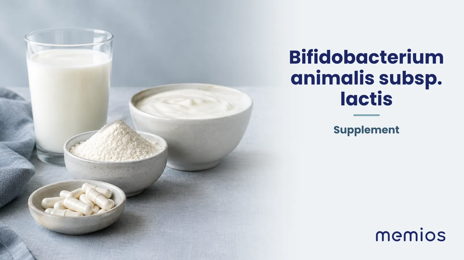 Photograph for Bifidobacterium animalis subsp. lactis: its natural source and a bowl of powder or capsules on pale linen.
