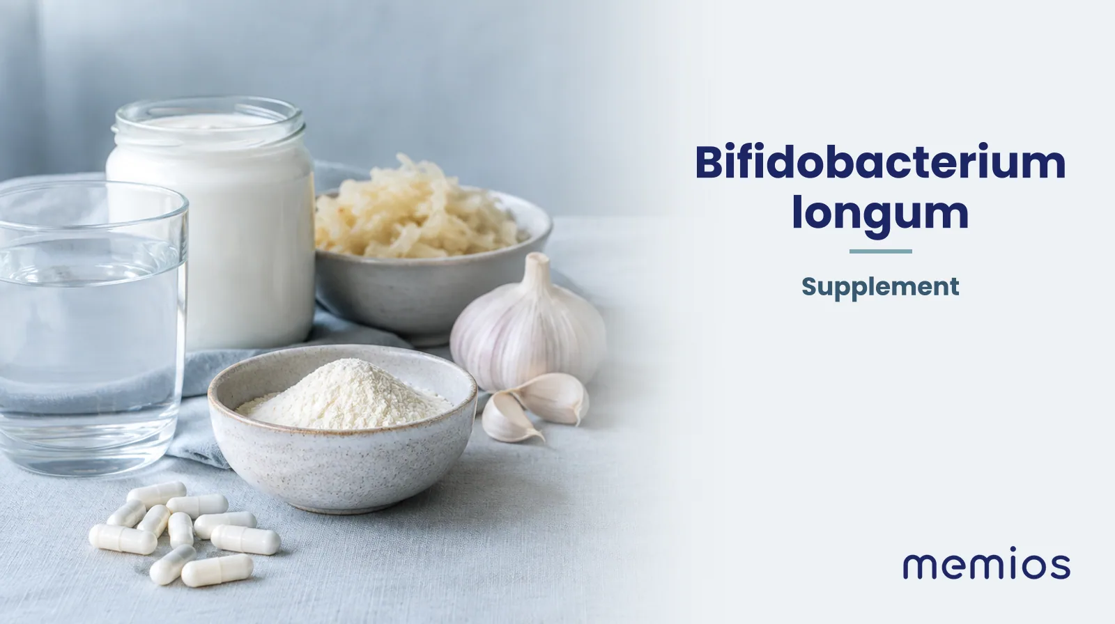 Photograph for Bifidobacterium longum: its natural source and a bowl of powder or capsules on pale linen.