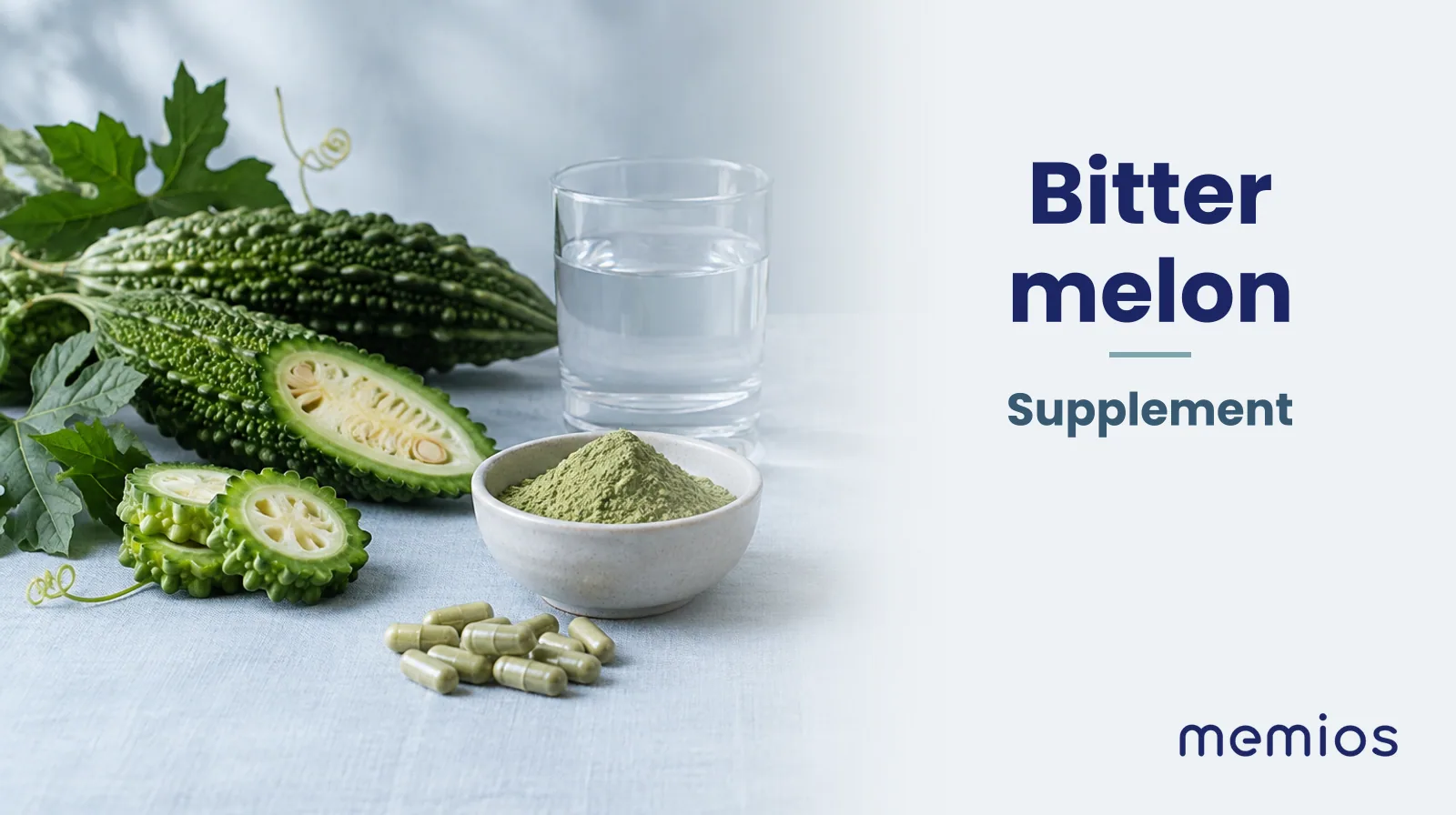 Photograph for Bitter melon: its natural source and a bowl of powder or capsules on pale linen.
