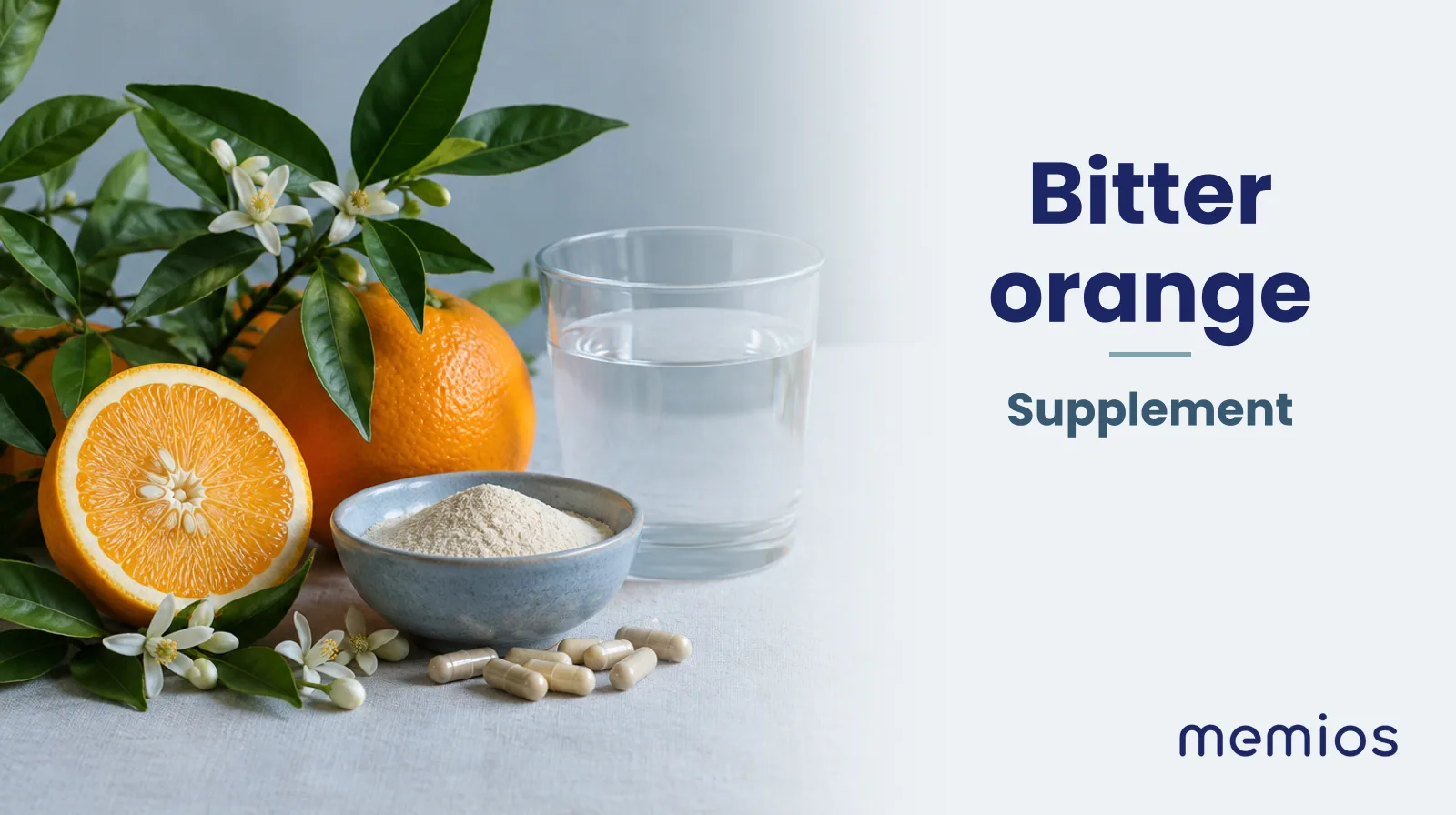 Photograph for Bitter orange: its natural source and a bowl of powder or capsules on pale linen.