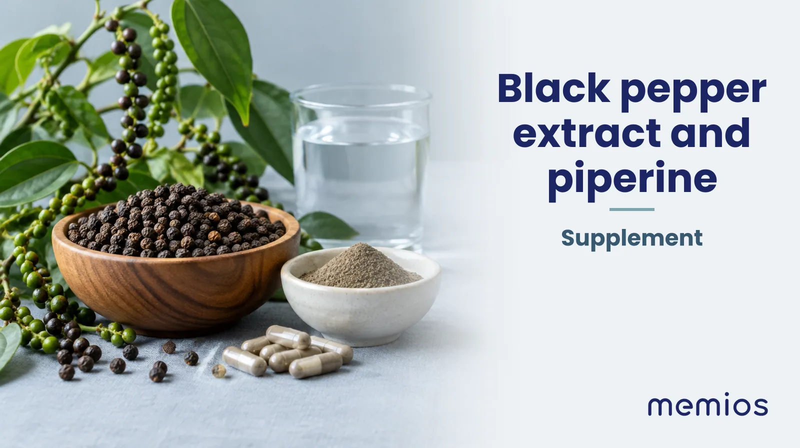 Photograph for Black pepper extract and piperine: its natural source and a bowl of powder or capsules on pale linen.