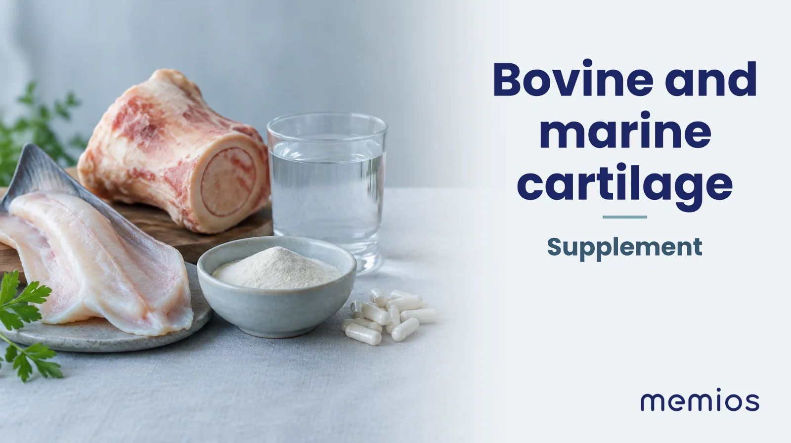 Photograph for Bovine and marine cartilage: its natural source and a bowl of powder or capsules on pale linen.