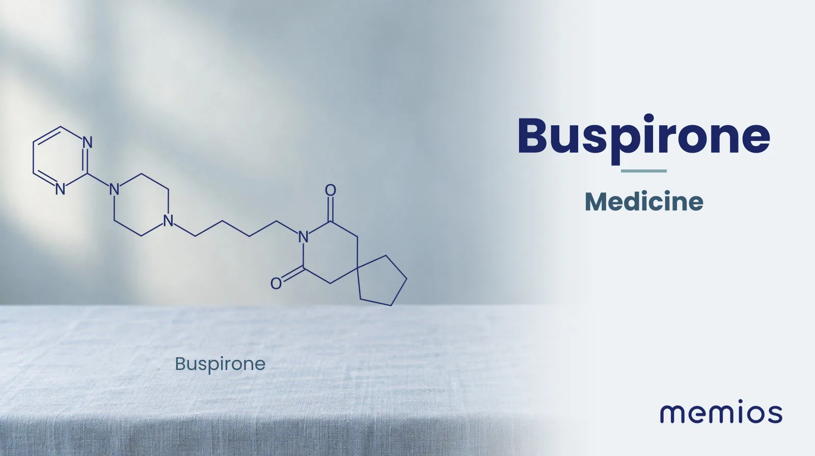 Chemical structure of Buspirone, drawn in navy on pale linen.
