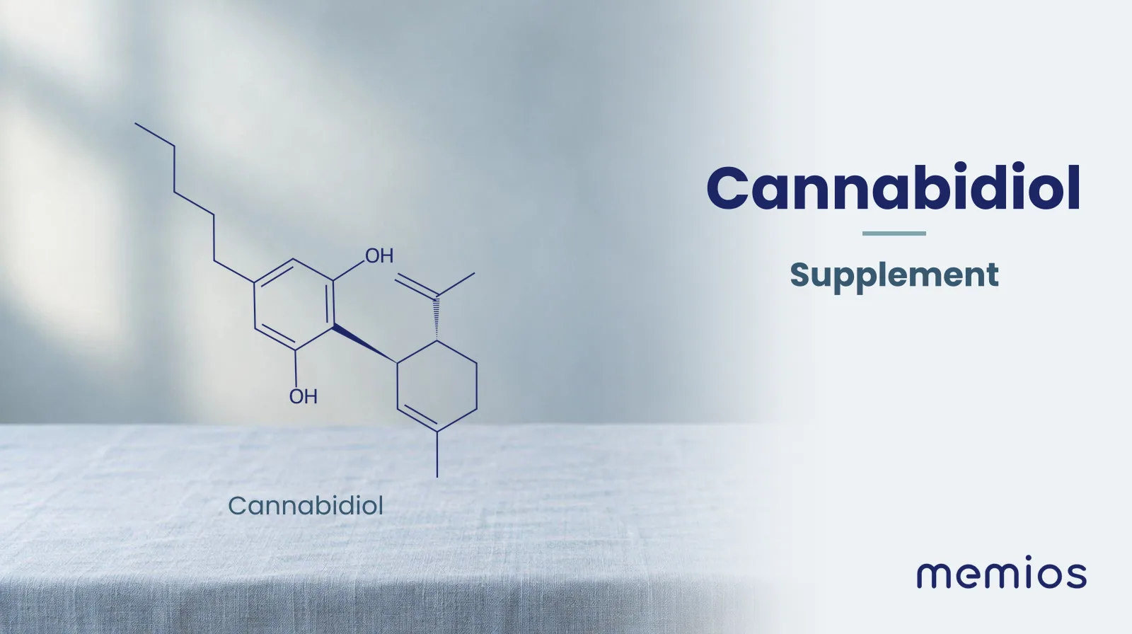 Chemical structure of Cannabidiol, drawn in navy on pale linen.