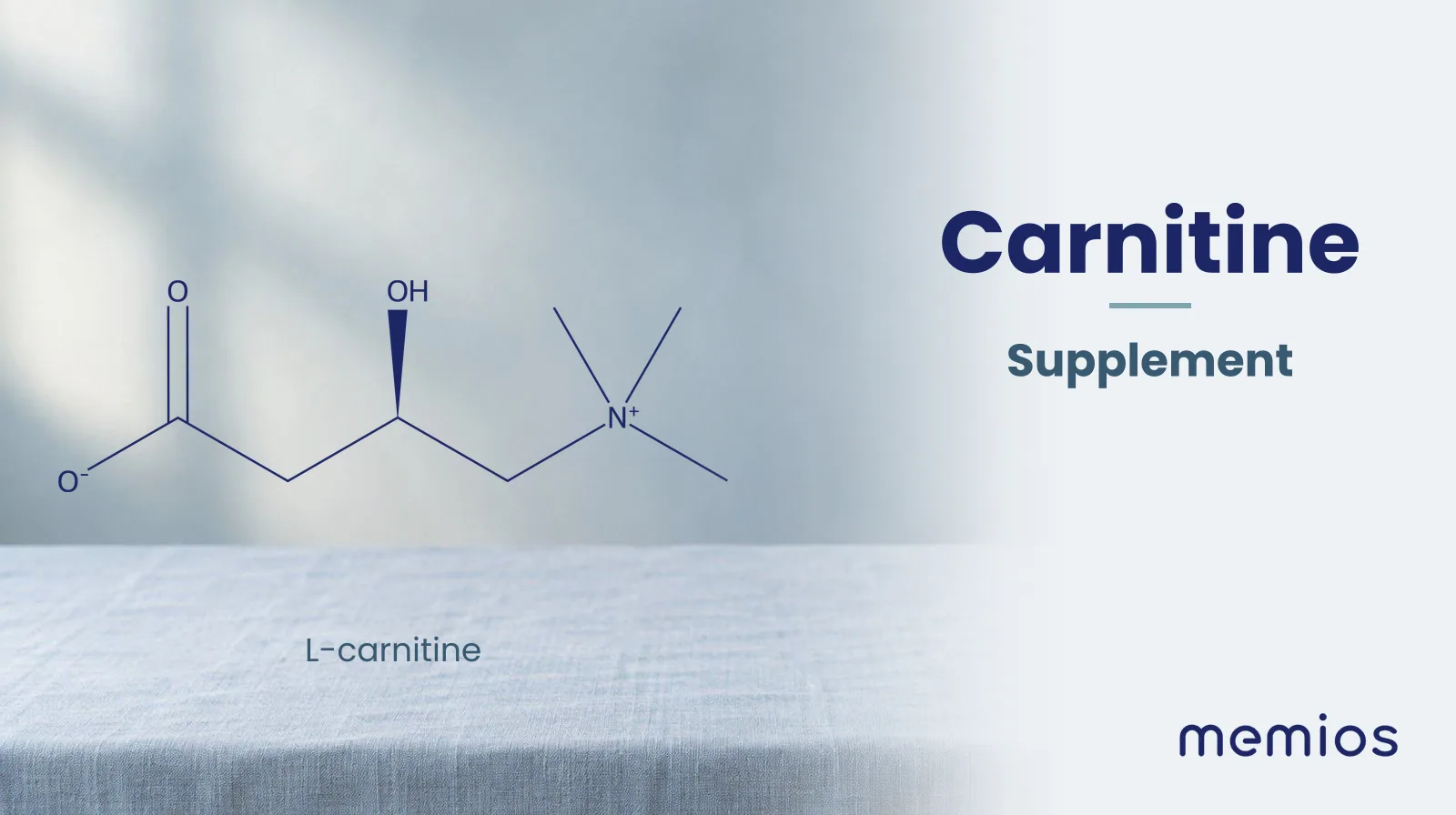 Chemical structure of L-carnitine, drawn in navy on pale linen.