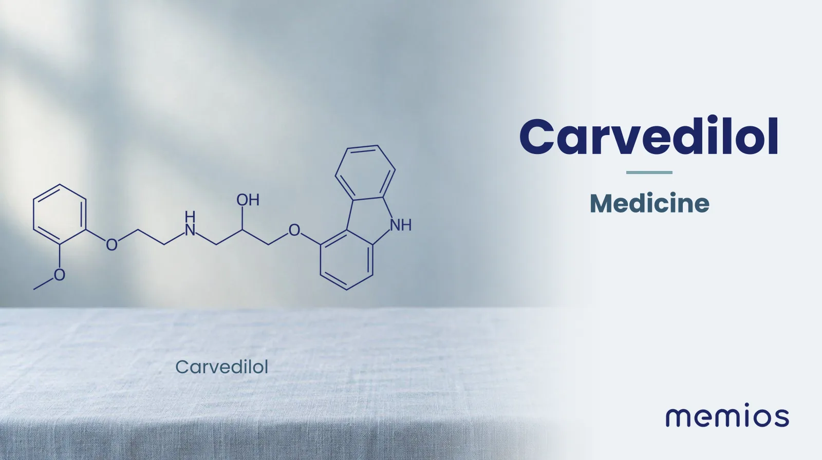 Chemical structure of Carvedilol, drawn in navy on pale linen.