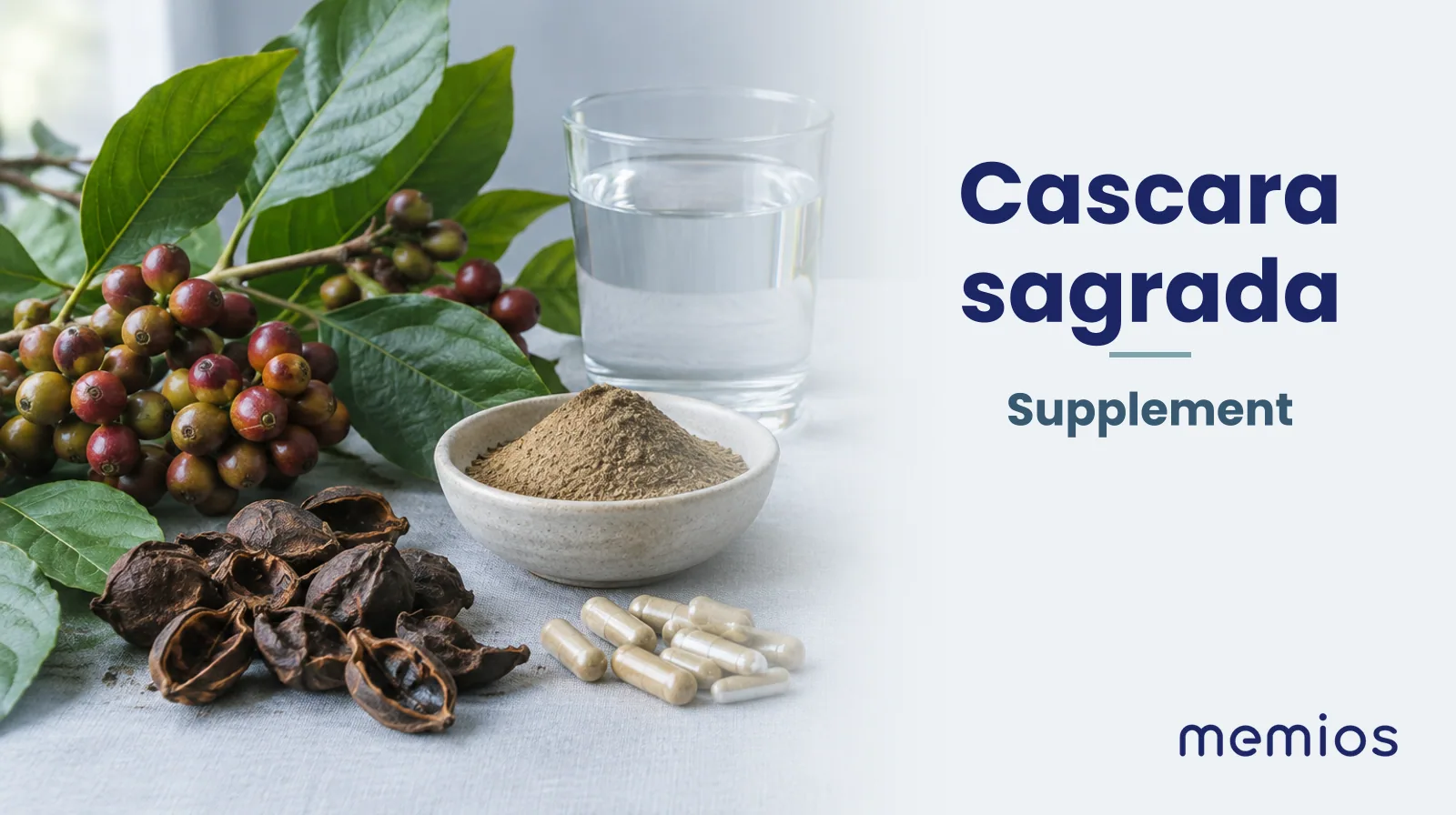 Photograph for Cascara sagrada: its natural source and a bowl of powder or capsules on pale linen.
