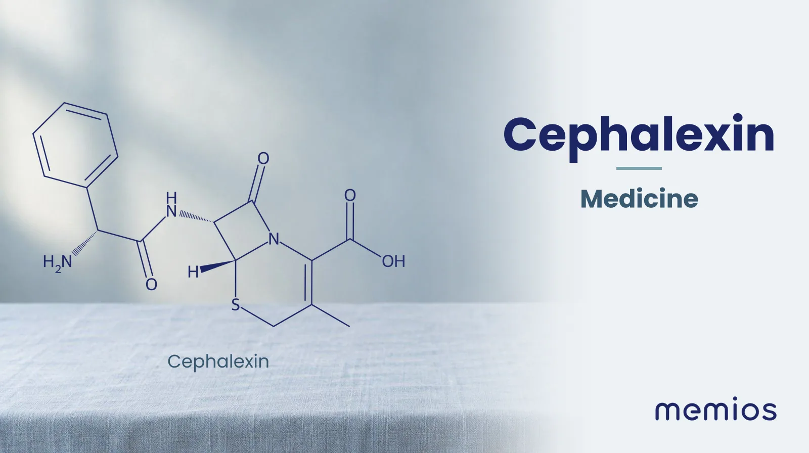 Chemical structure of Cephalexin, drawn in navy on pale linen.