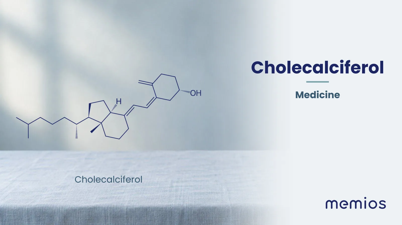 Chemical structure of Cholecalciferol, drawn in navy on pale linen.