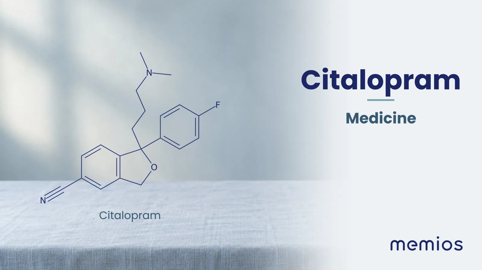 Chemical structure of Citalopram, drawn in navy on pale linen.