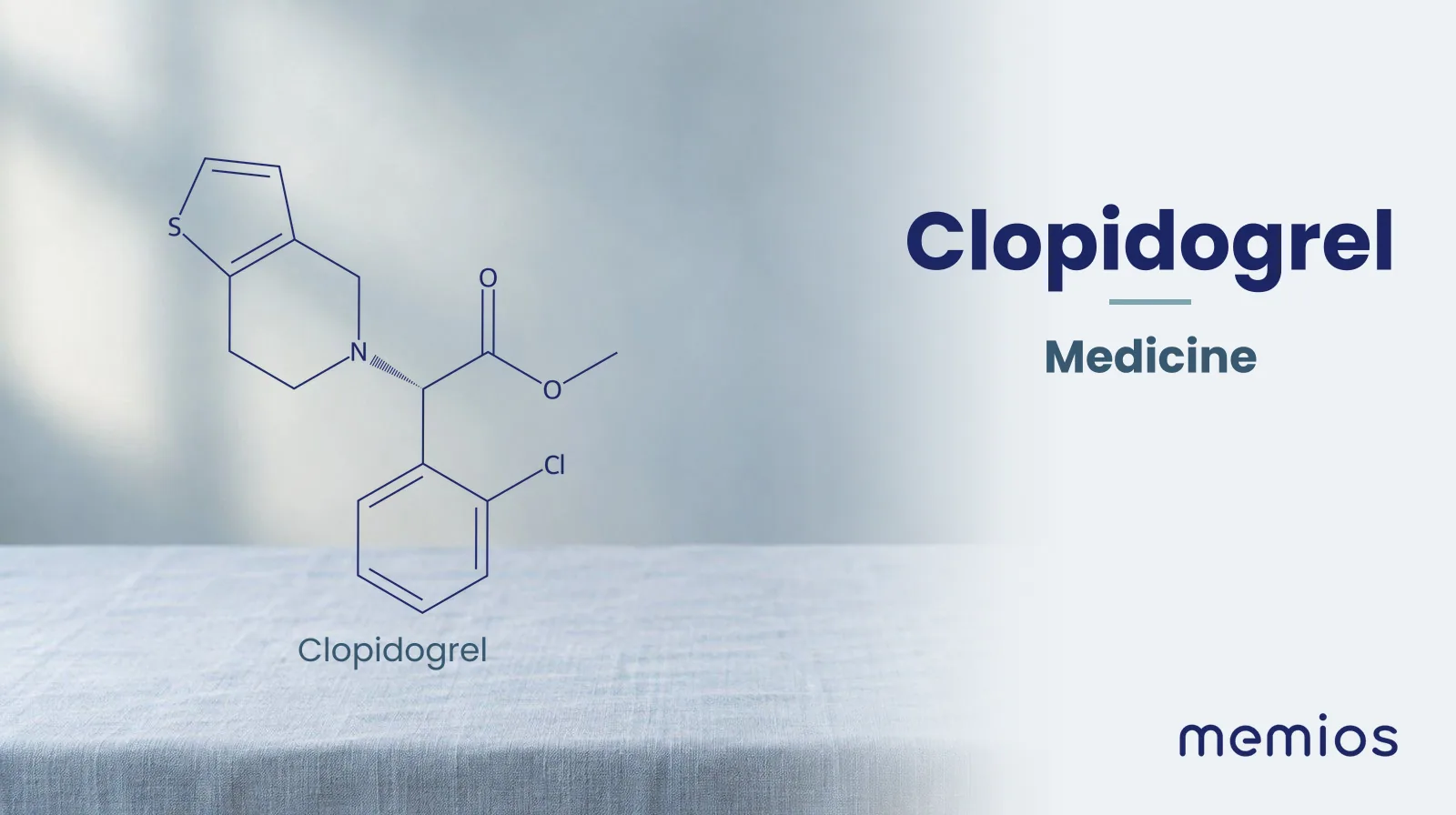 Chemical structure of Clopidogrel, drawn in navy on pale linen.