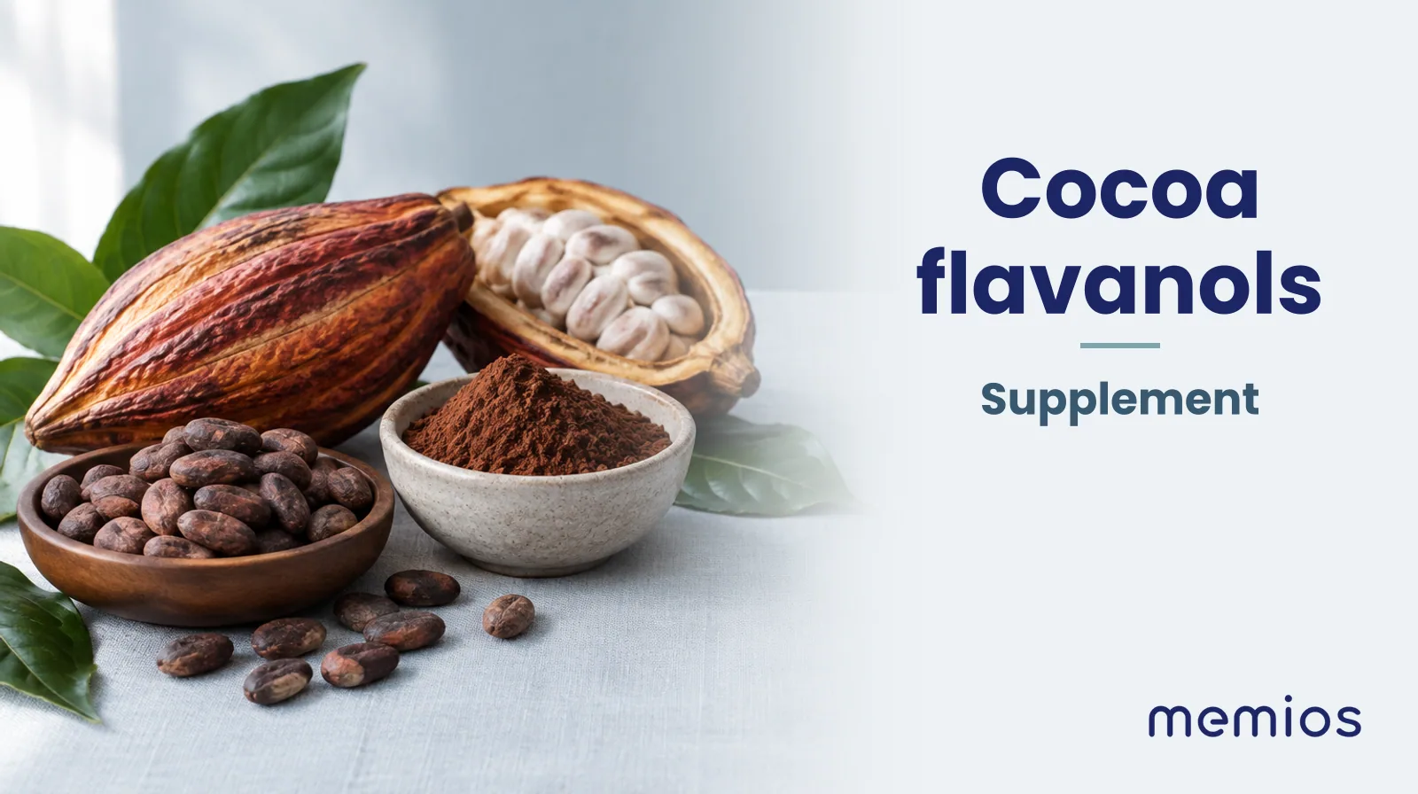 Photograph for Cocoa flavanols: its natural source and a bowl of powder or capsules on pale linen.