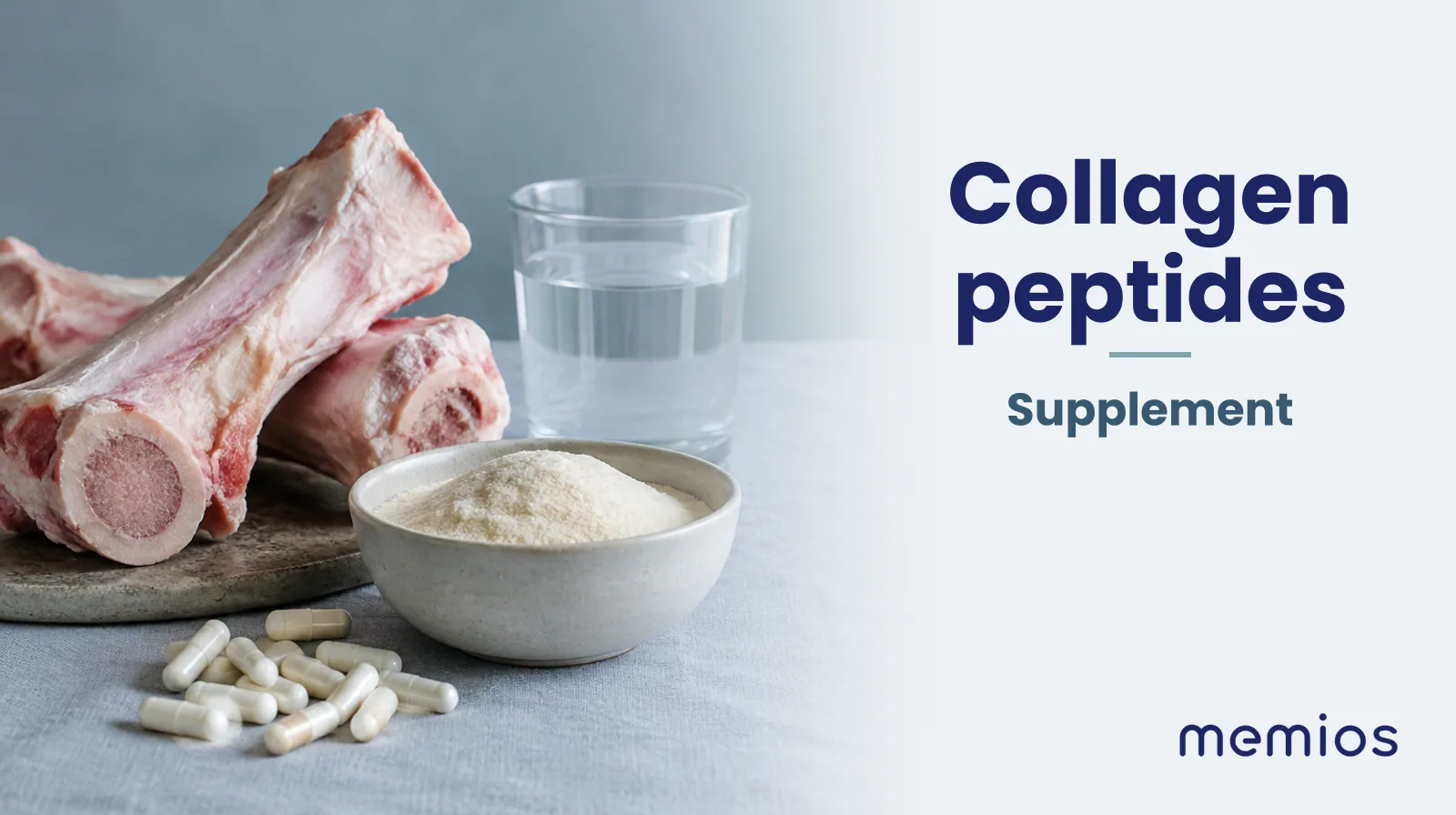 Photograph for Collagen peptides: its natural source and a bowl of powder or capsules on pale linen.