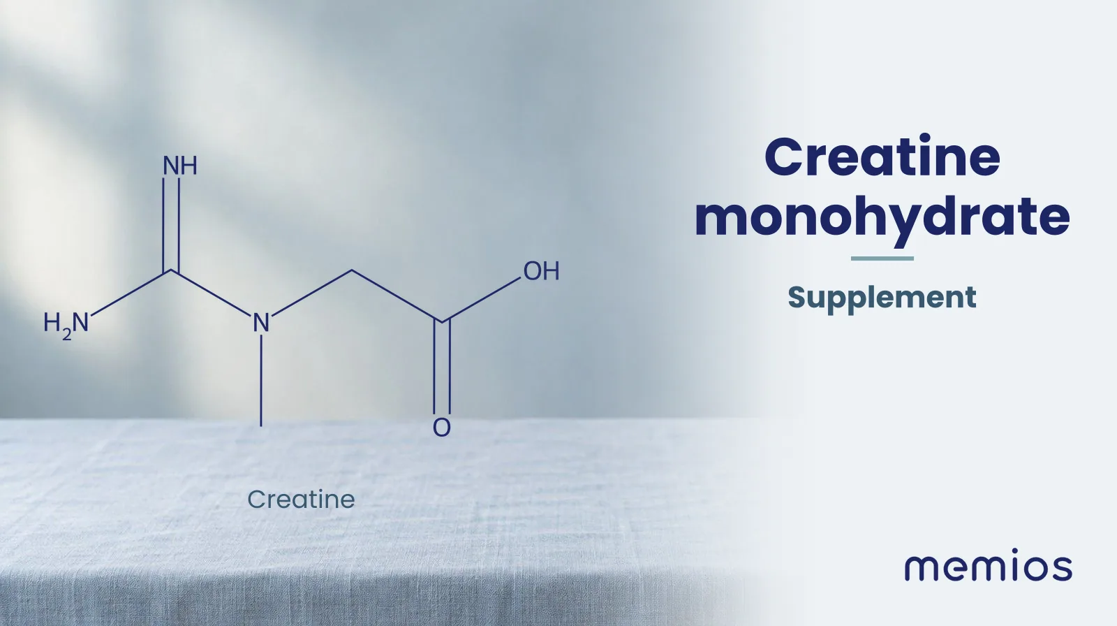 Chemical structure of Creatine, drawn in navy on pale linen.