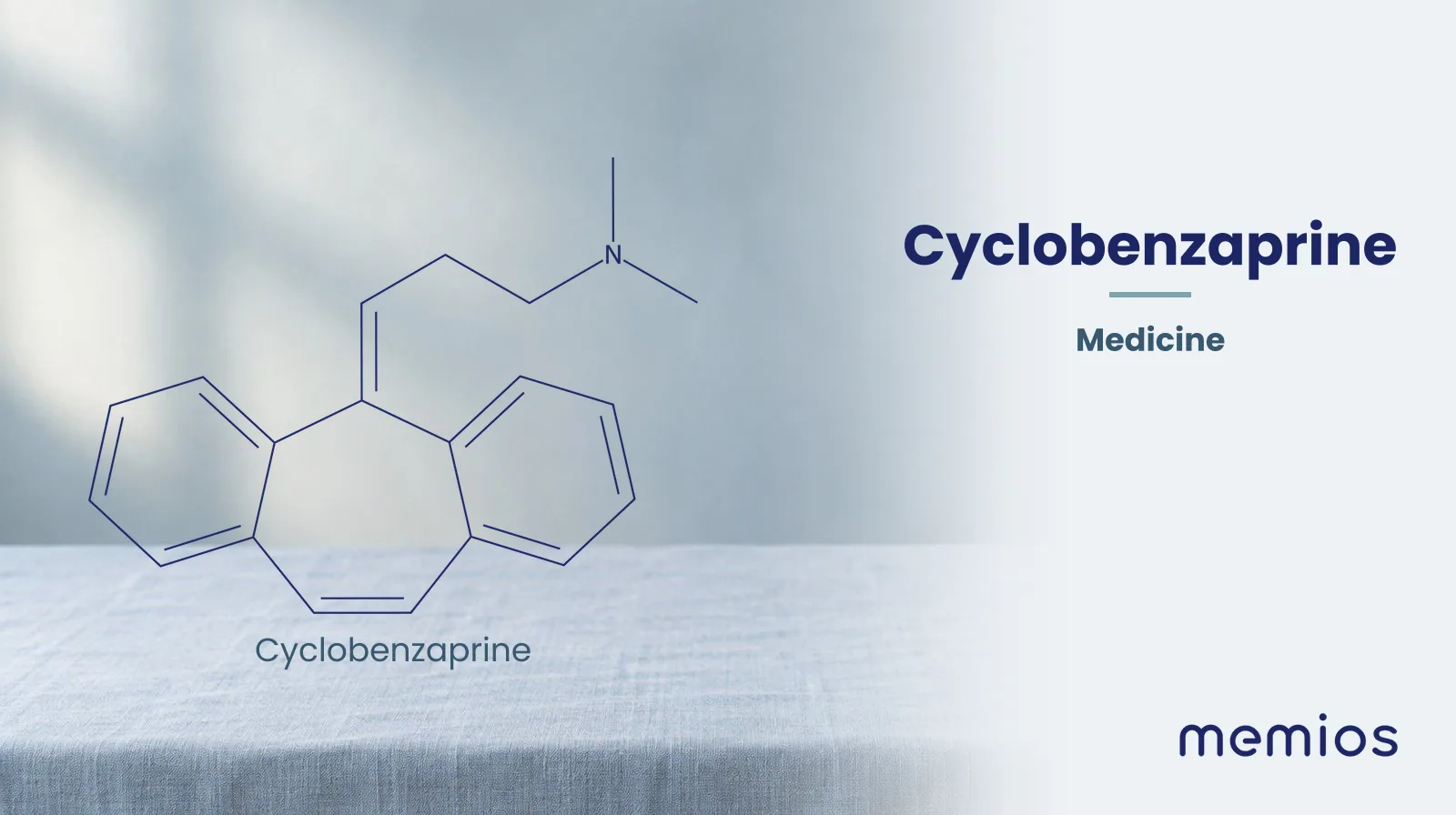 Chemical structure of Cyclobenzaprine, drawn in navy on pale linen.