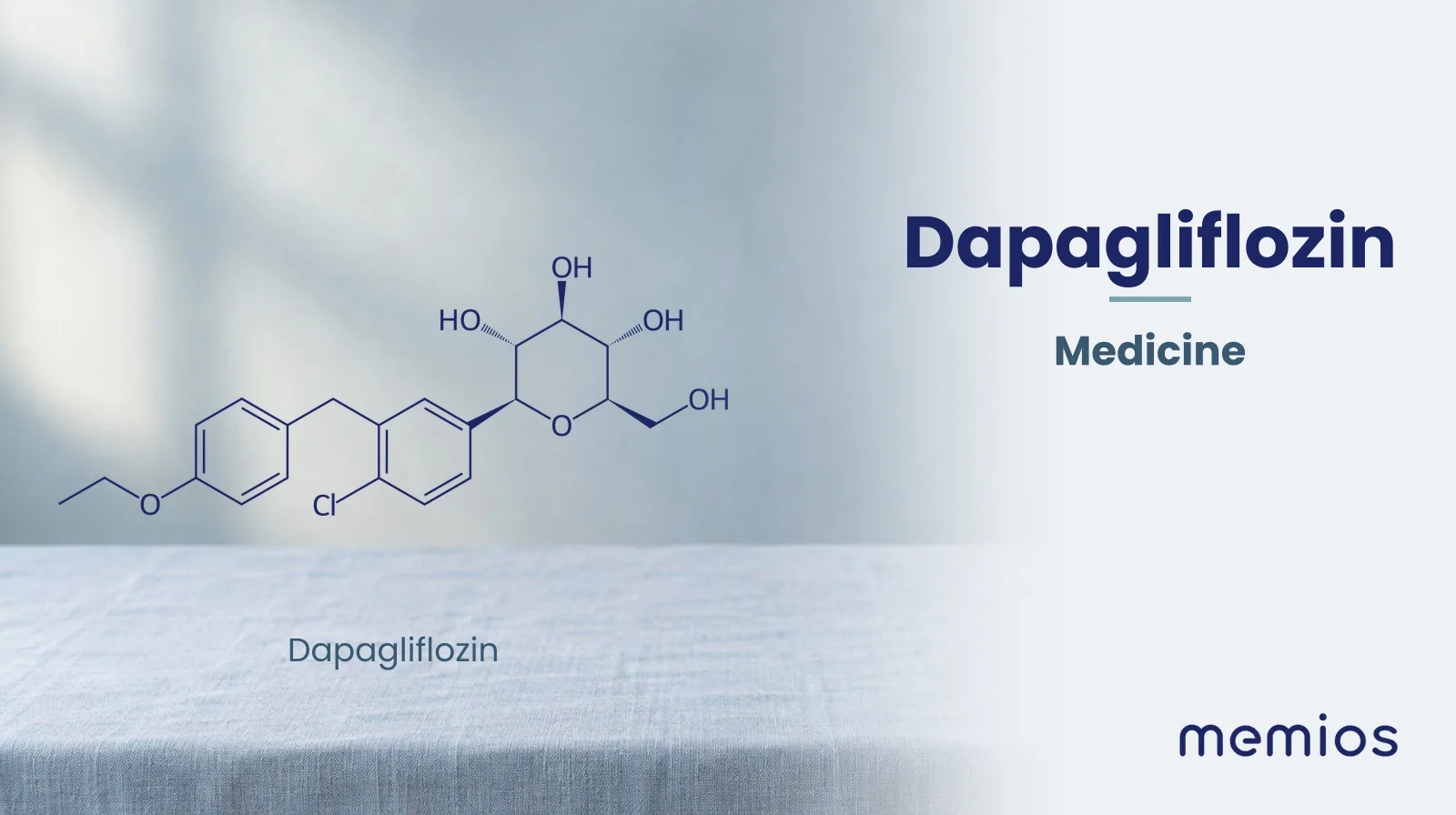 Chemical structure of Dapagliflozin, drawn in navy on pale linen.