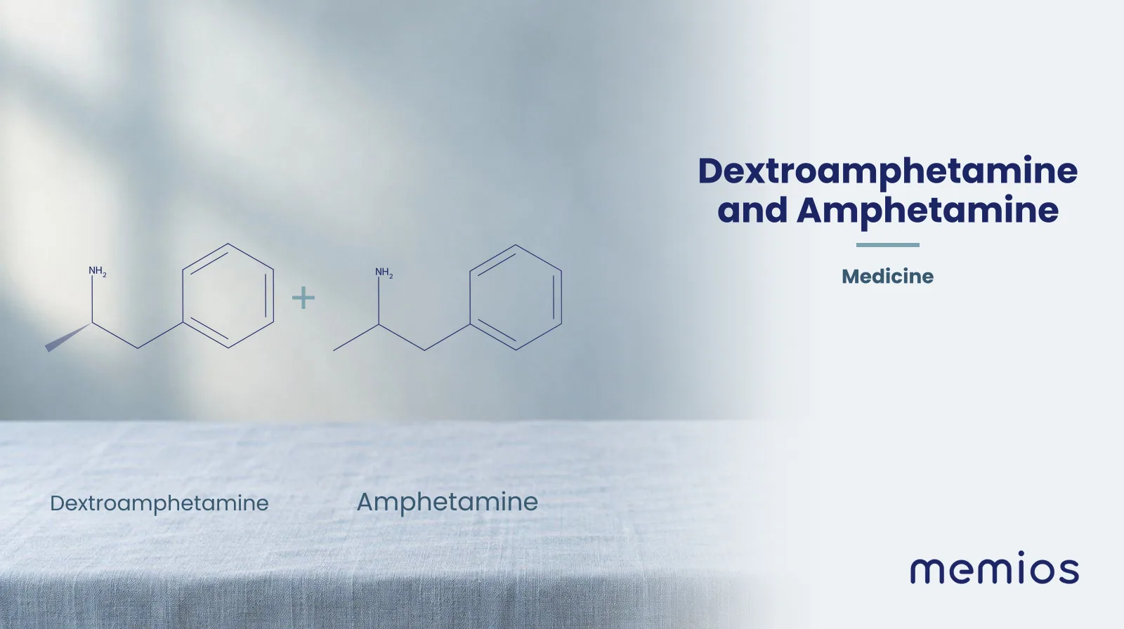 Chemical structure of Dextroamphetamine and Amphetamine, drawn in navy on pale linen.