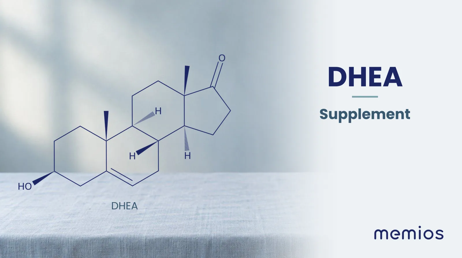 Chemical structure of DHEA, drawn in navy on pale linen.