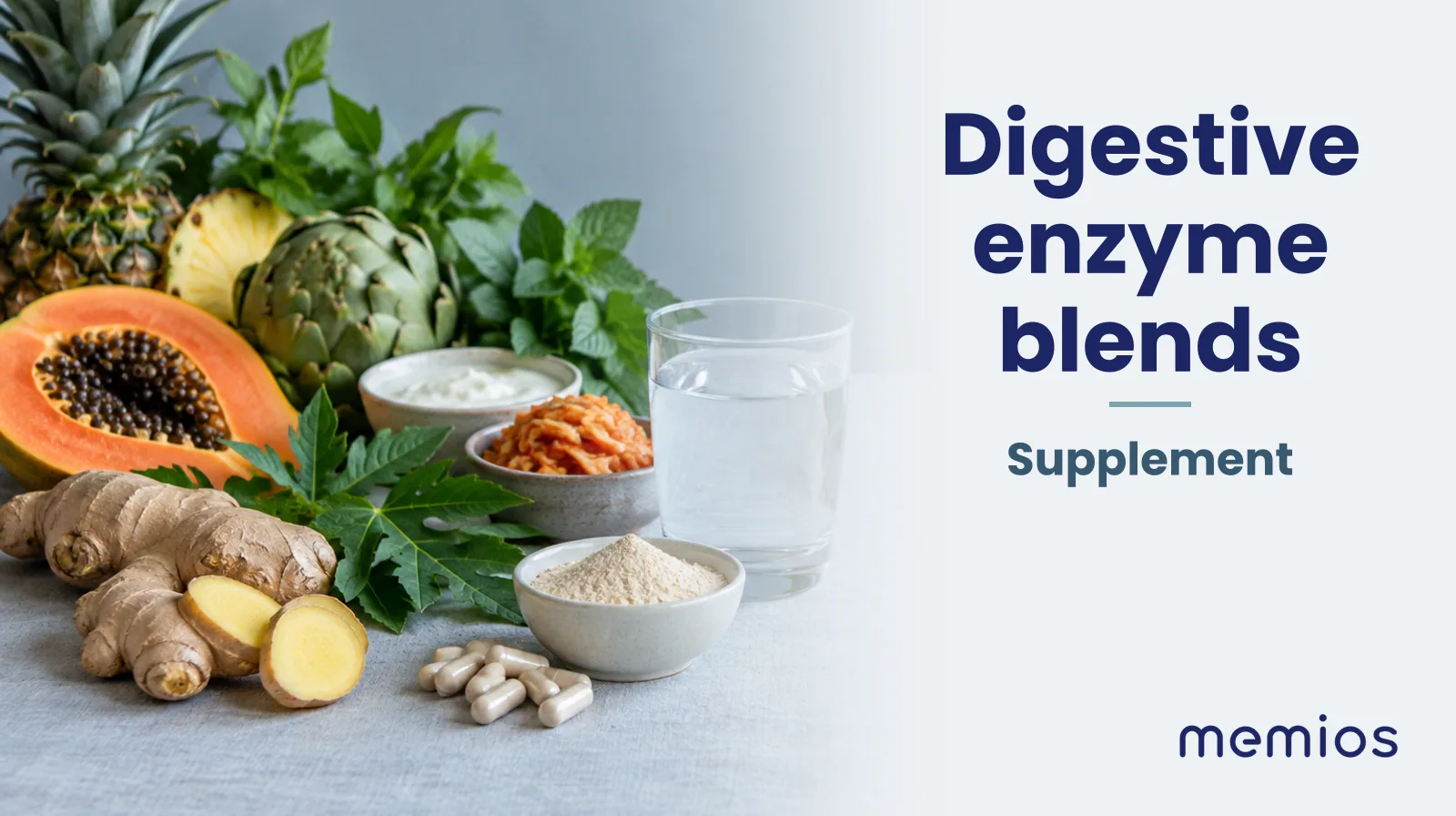 Photograph for Digestive enzyme blends: its natural source and a bowl of powder or capsules on pale linen.