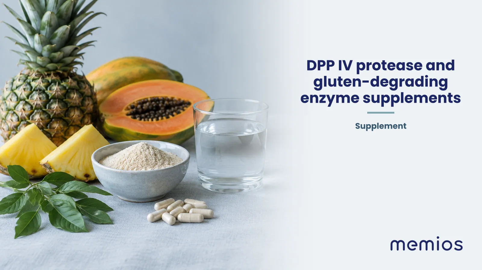 Photograph for DPP IV protease and gluten-degrading enzyme supplements: its natural source and a bowl of powder or capsules on pale linen.