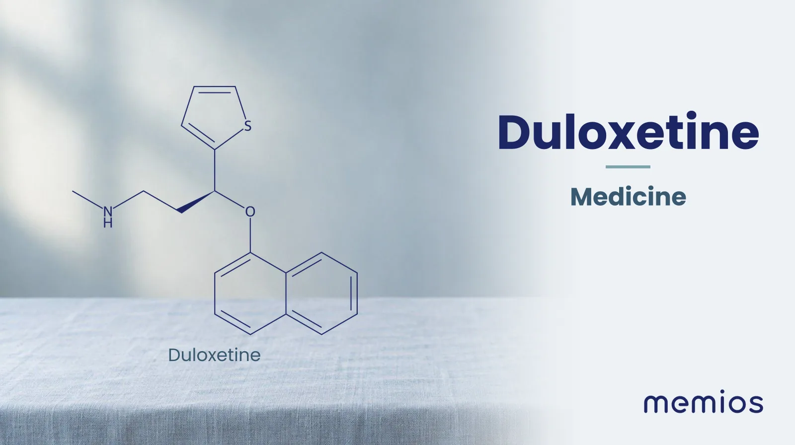 Chemical structure of Duloxetine, drawn in navy on pale linen.
