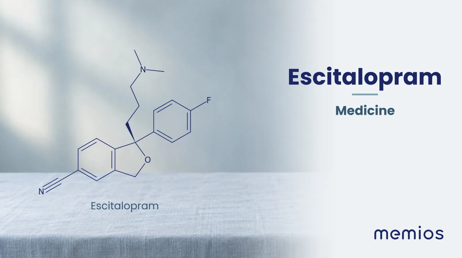Chemical structure of Escitalopram, drawn in navy on pale linen.
