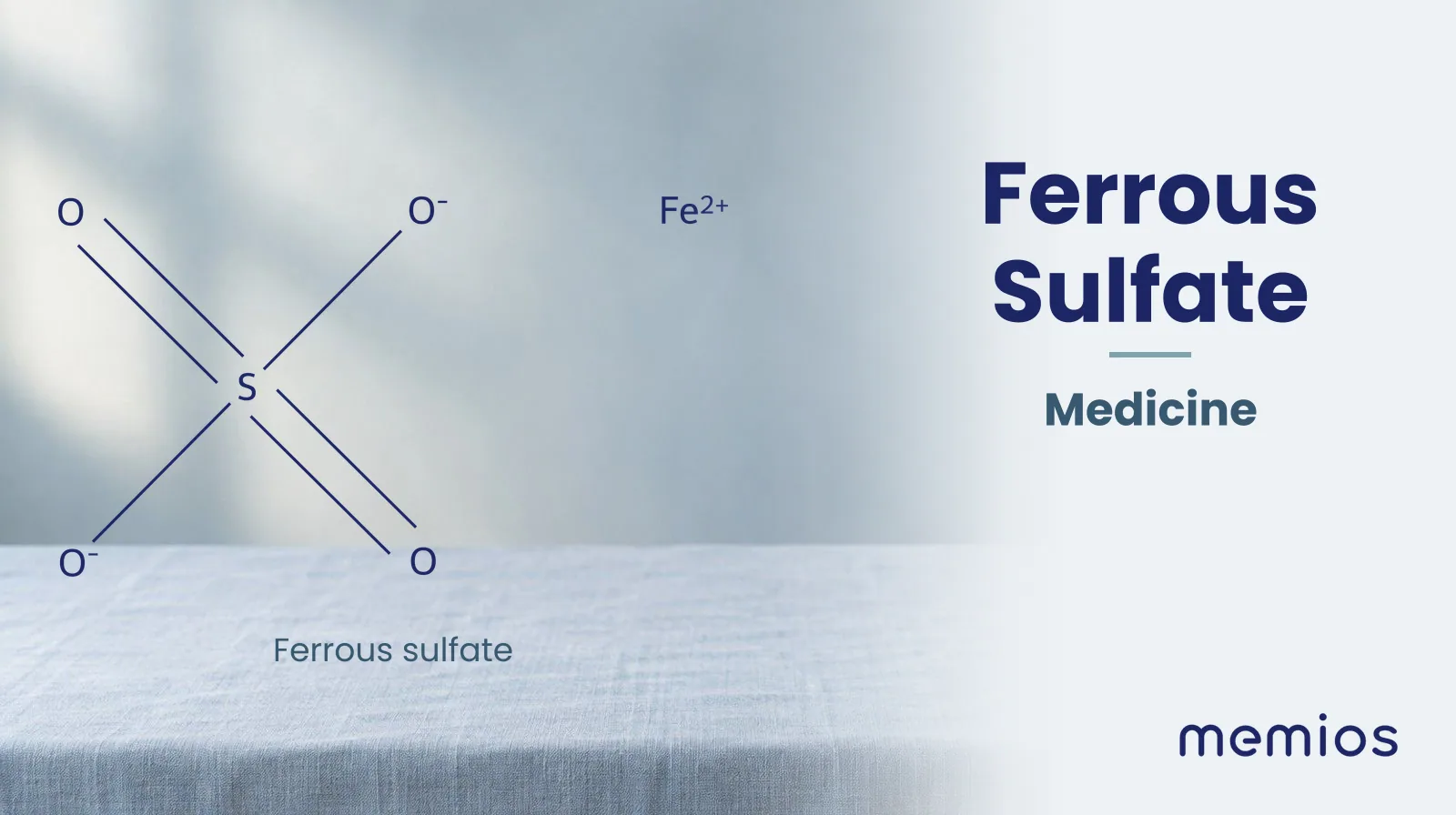 Chemical structure of Ferrous sulfate, drawn in navy on pale linen.