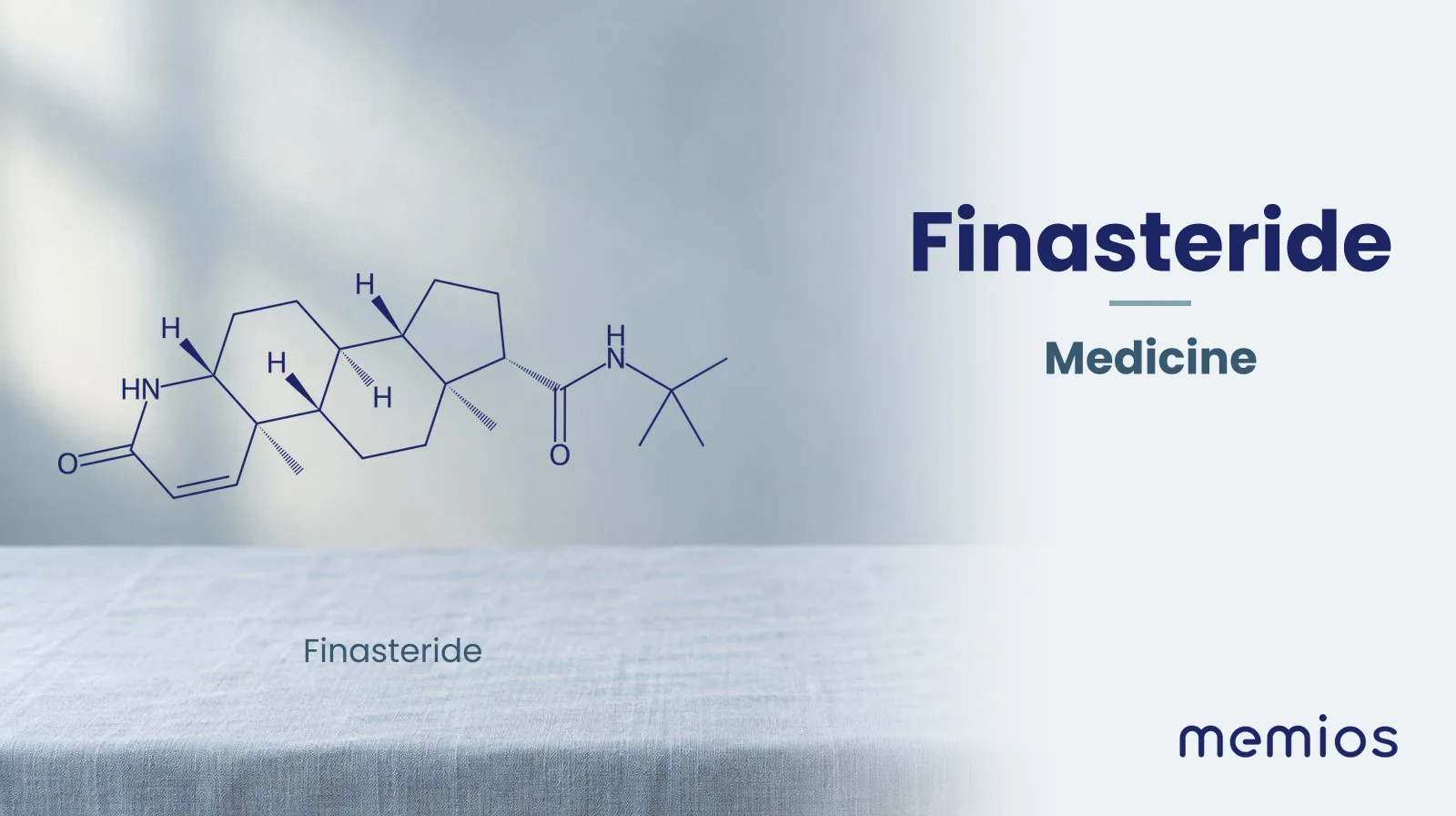 Chemical structure of Finasteride, drawn in navy on pale linen.