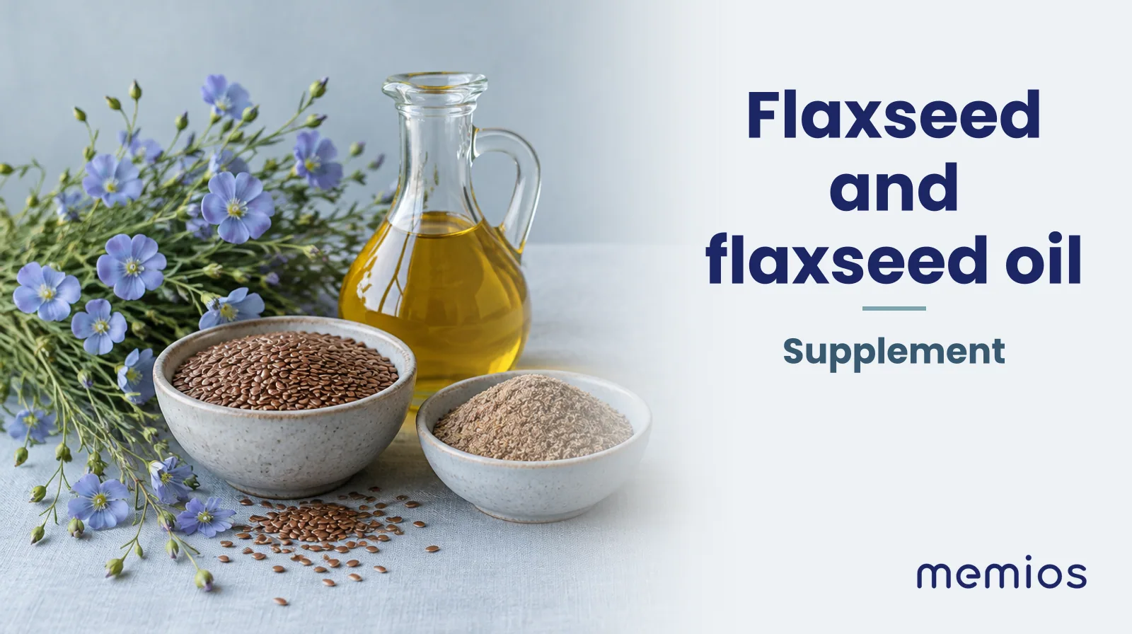 Photograph for Flaxseed and flaxseed oil: its natural source and a bowl of powder or capsules on pale linen.