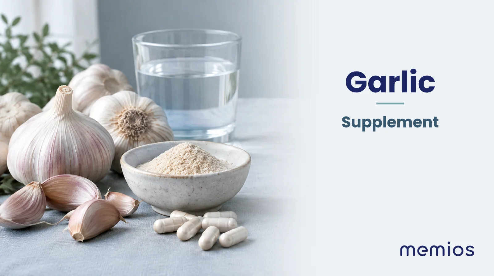 Photograph for Garlic: its natural source and a bowl of powder or capsules on pale linen.