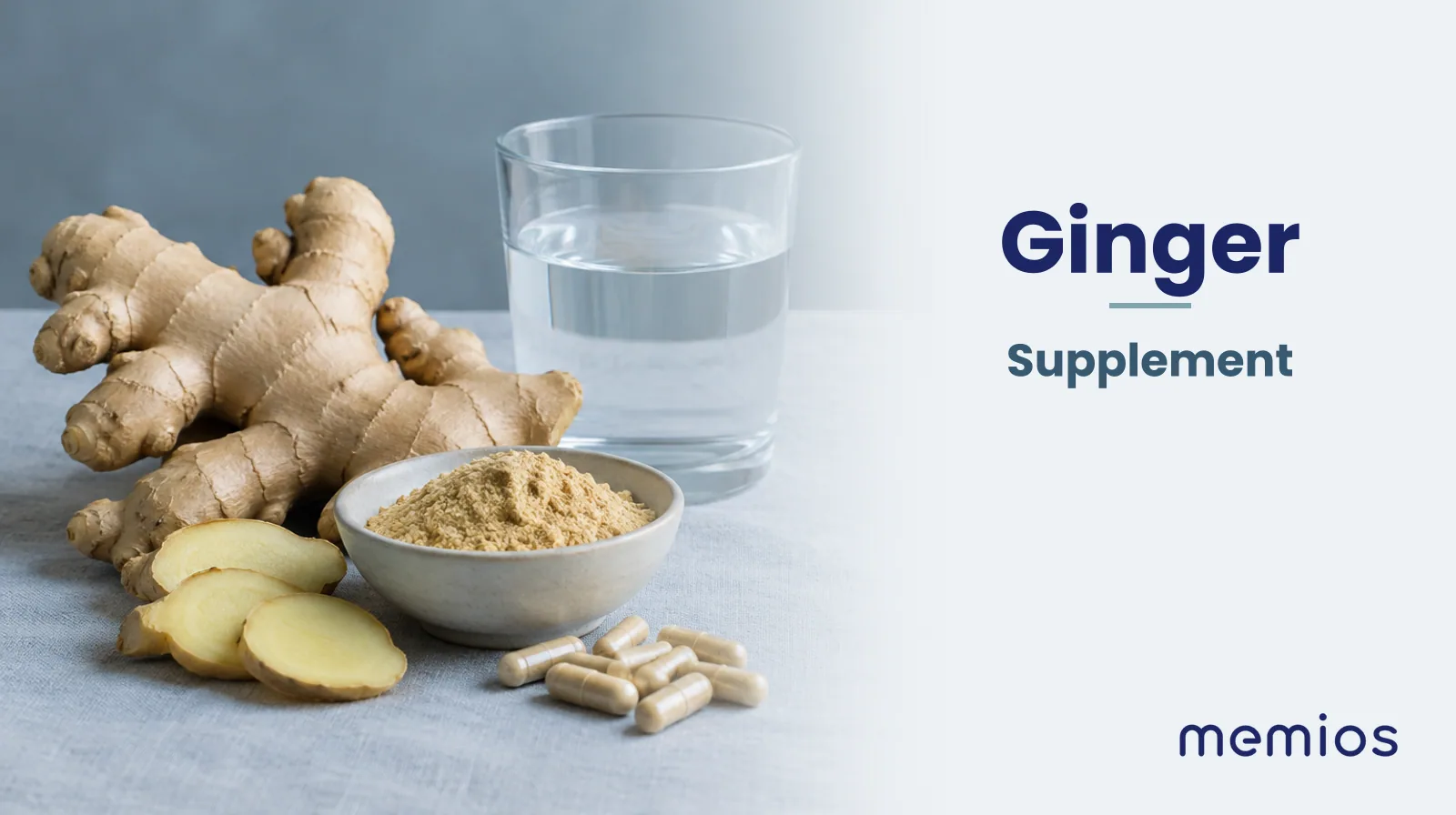 Photograph for Ginger: its natural source and a bowl of powder or capsules on pale linen.