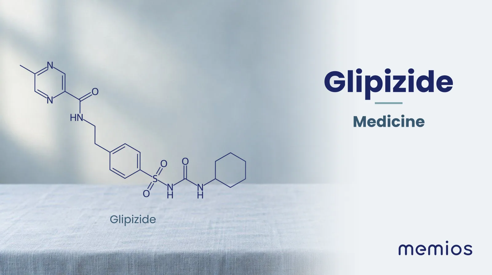 Chemical structure of Glipizide, drawn in navy on pale linen.