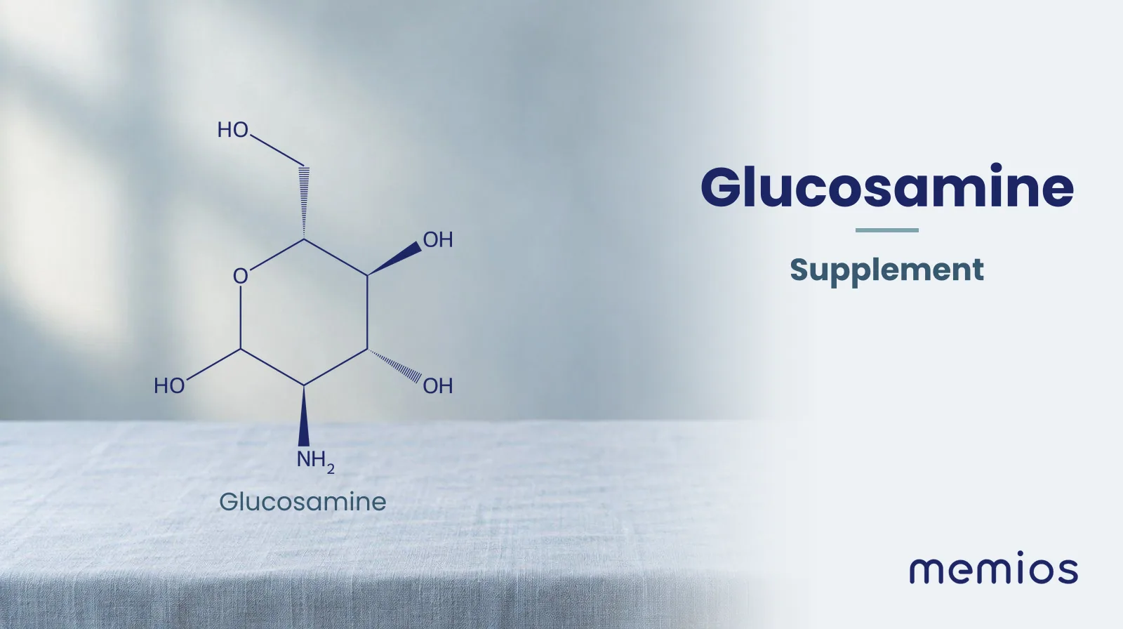 Chemical structure of Glucosamine, drawn in navy on pale linen.