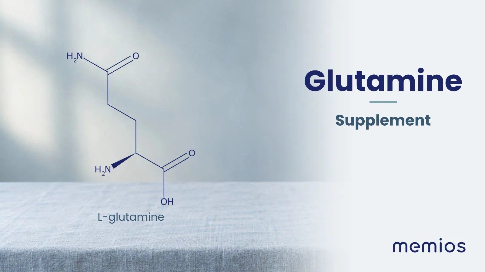 Chemical structure of L-glutamine, drawn in navy on pale linen.