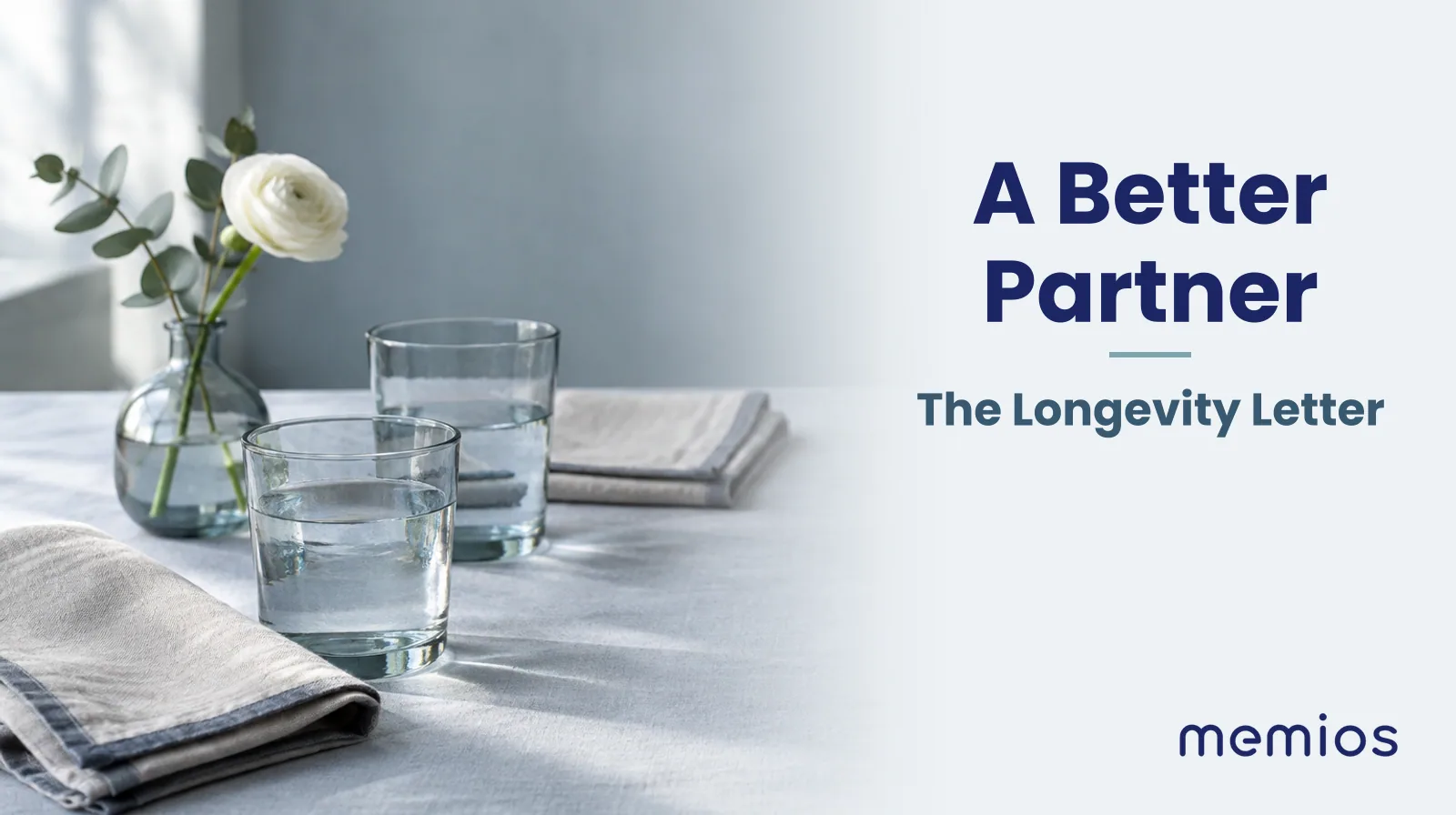 Photograph for A Better Partner: two folded linen napkins and two glasses of water on a set table with a single small flower in a vase.